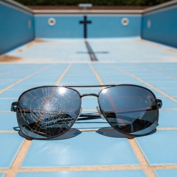 Broken sunglasses lie on an empty blue swimming pool floor symbolizing the end of summer