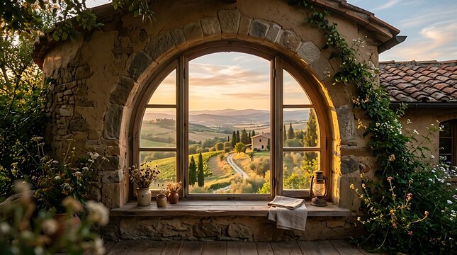 Scenic tuscan landscape view through a rustic stone arched window