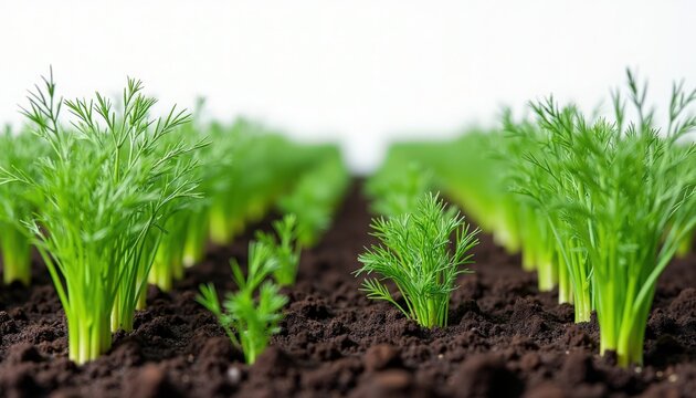 dill seedlings sprouting in rich potting soil, rows of young Anethum graveolens dill seedlings with feathery green foliage and moist dark earth, closeup agricultural germination study,
