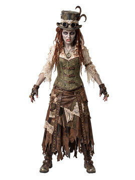 Woman in Steampunk Zombie Costume with Goggles and Corset on Transparent Background