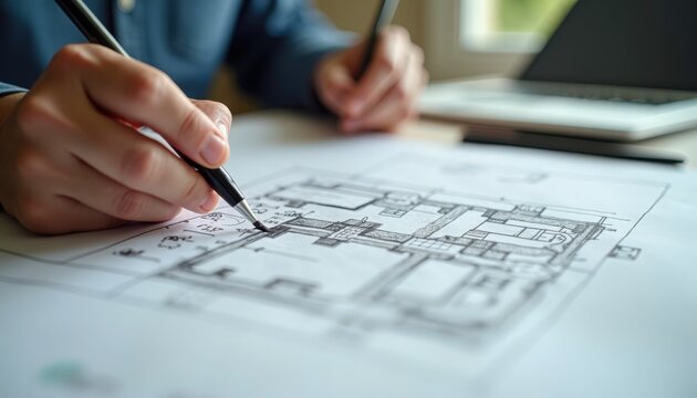 Architect drawing on detailed architectural blueprint with hands holding technical pen, scale ruler and laptop visible, floor plan measurements and annotations,