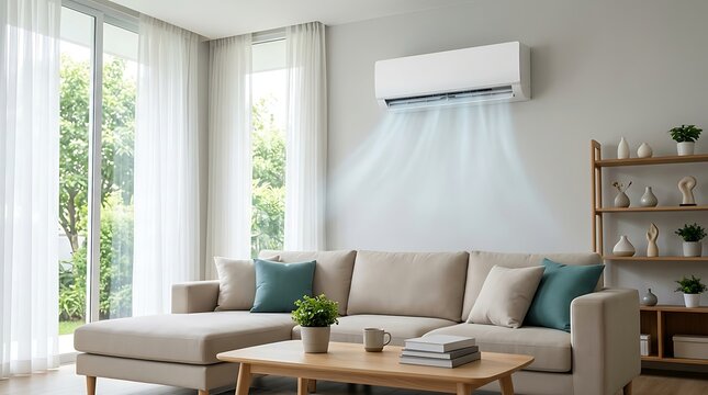 Modern living room with split air conditioner cooling white couch and coffee table with plants, bright natural light through large windows for comfortable home interior.