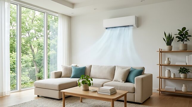 Modern living room with split air conditioner cooling beige sectional couch and coffee table with plants, bright natural light through large windows for comfortable home interior.