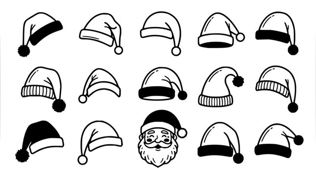Santa hats set with various angles featuring pom pom, striped band, black outline with white background and cartoon face