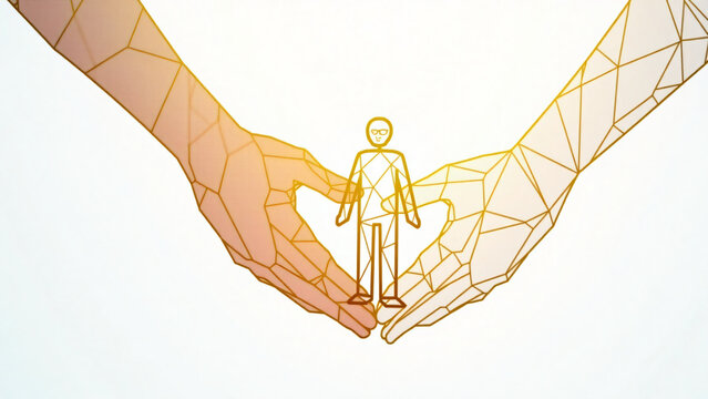 Golden Hand Supporting Elderly Figure Symbolizing Care and Aging Society