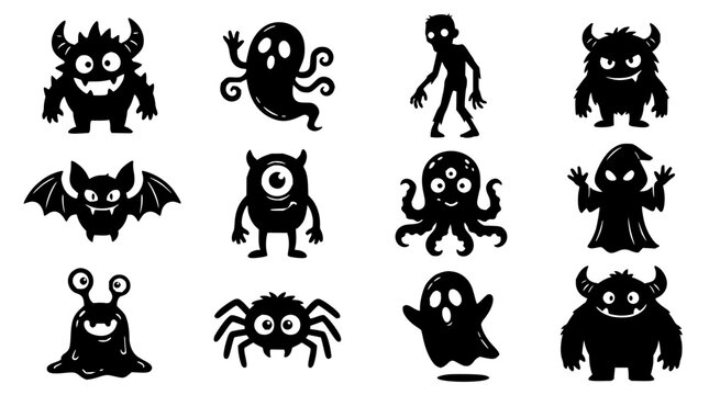 Monster set with spooky silhouettes featuring ghost, demon, yeti with bat, spider and blob