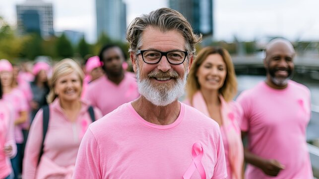 Man wearing pink shirt smiles proudly during a charity walk supporting breast cancer awareness, symbolizing hope and community for women's health