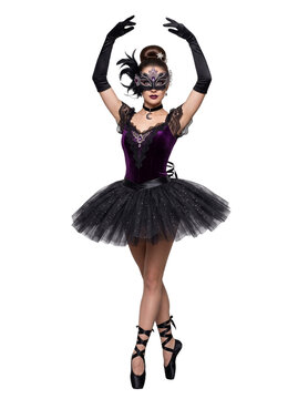 Woman in Masquerade Ballerina Costume with Tutu and Feather Mask on Transparent Background