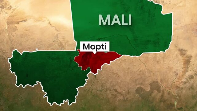 Mali map highlighting Mopti region in red on satellite footage