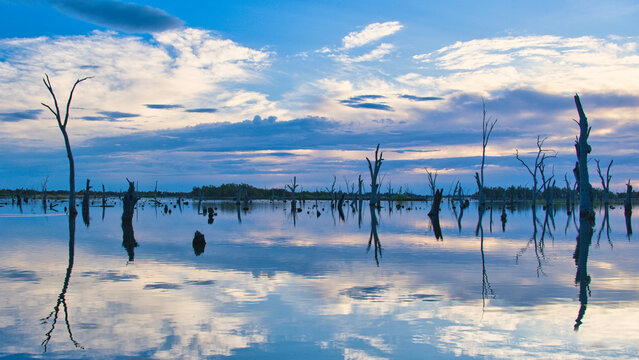 Wide Lake Mulwala waters with sunset cloud reflections