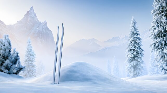 Modern cross country skis lean against a snow covered mound in a serene winter mountain landscape