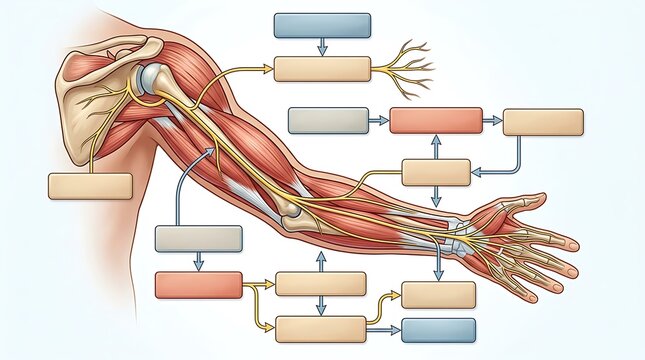 Human arm anatomy diagram with muscles and nerves