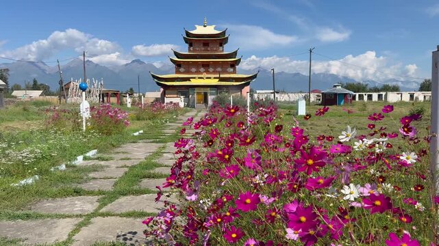 Video of Baldan Darzhalin Buddhist datsan in the village of Kyren in the foothill valley of the Tunka Nature Park. Siberia, Baikal Region, Buryatia, Tunka Valley