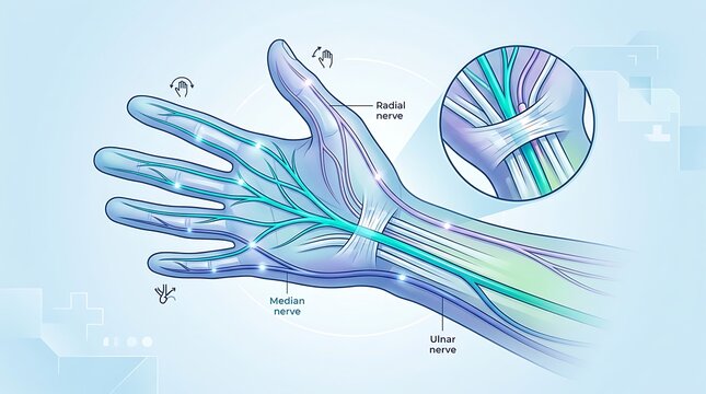 Medical illustration showing radial median and ulnar nerves of hand