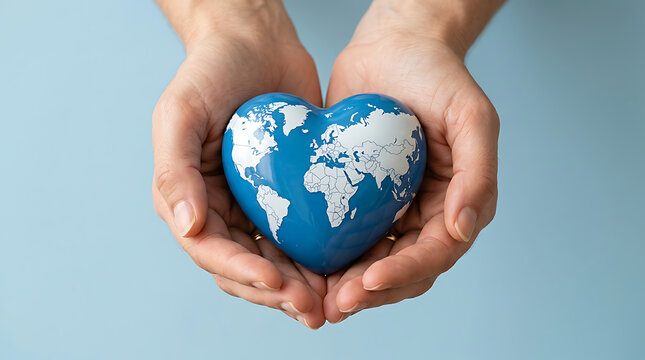 Hands holding heart shaped globe, environment protection concept, save earth care. Woman hands cradling planet earth symbolizing support, responsibility, charity, ecologist.