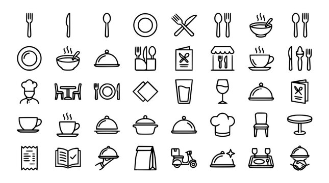 Restaurant and Cafe Dining Thin Line Icon Set with Cutlery, Table, Chef Hat, Delivery Scooter, Food Menu, and Takeaway Bag Vector Design