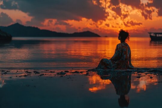 Woman peacefully watching sunset by the ocean, tranquil setting reflecting inner calm and peace