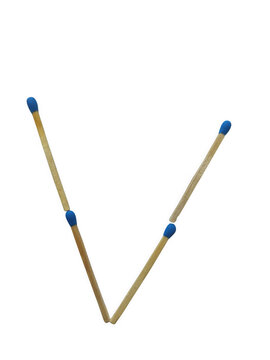 Letter V, matchstick typography alphabet made of blue head wooden safety matches isolated on black background, creative design element
