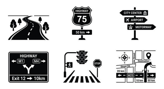 Road signs and navigation symbols in a flat black vector illustration
