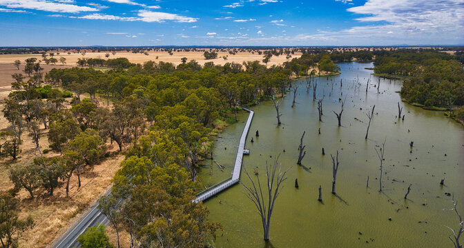 Aerial view of Lake Mulwala boardwalk and farmland