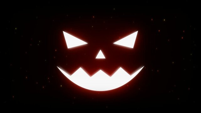 Spooky glowing pumpkin face with glitch effect motion loop background. Infernal Halloween pumpkin glowing smile animation