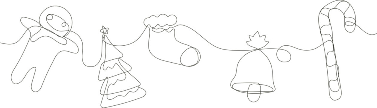 Christmas and gingerbread line art features a festive collection of holiday cookies and ornaments.