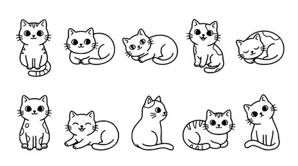 Obraz premium Cat set with sleeping, sitting, and curled poses featuring feline, whiskers, paws with minimalist style and line art
