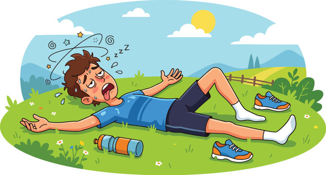 Exhausted male runner lying on grass field after hard training workout in park landscape