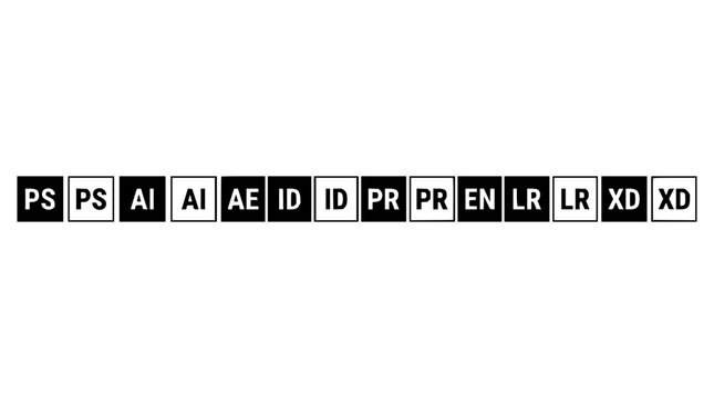 Software icons set with rectangular shapes featuring Adobe Photoshop, Illustrator, InDesign, Premiere, Lightroom, and XD with black and white design