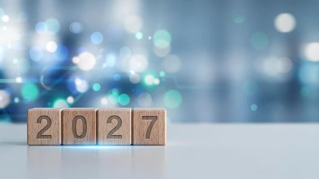 wooden cubes showing 2027 on a clean white desk against blurred blue bokeh lights, concept of new year celebration, business planning, corporate marketing