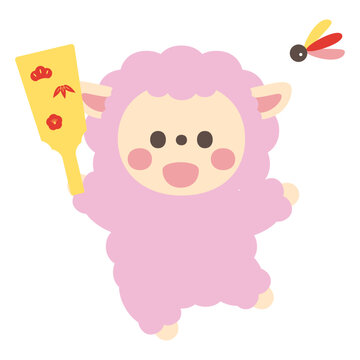 羽つきをするかわいい羊のキャラクターイラスト素材