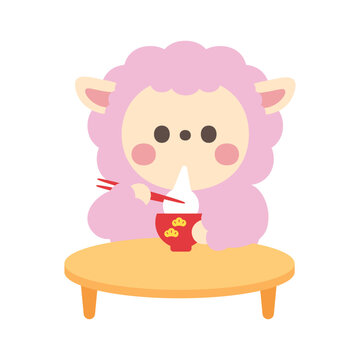 雑煮を食べるかわいい羊のキャラクターイラスト素材