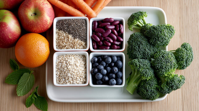 Fresh fruits and vegetables arranged on a white platter, featuring apples, oranges, carrots, broccoli, and bowls of oats, chia seeds, kidney beans, and blueberries