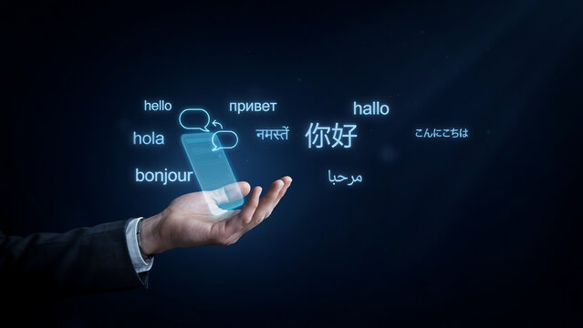 A businessman holding a digital smartphone with global language