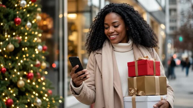 smiling woman walking on city street holding wrapped christmas gifts and looking at smartphone beside a glowing decorated tree