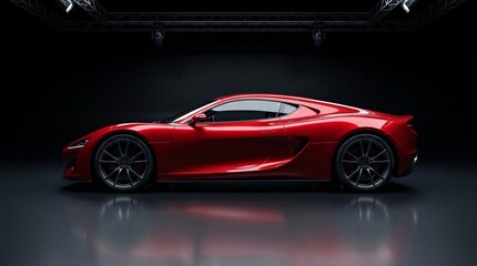 Naklejka premium Luxury Red Sports Car in Studio with Dramatic Lighting on Black Background