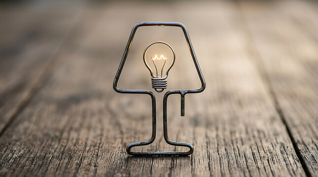 Innovative light bulb glowing on rough wooden surface.