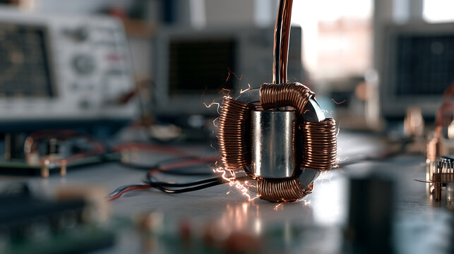 Copper wire coil wrapped around an iron core for electromagnetic induction experiment