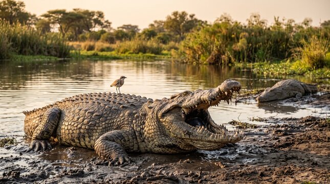 Large crocodile basking on riverbank with bird in natural habitat