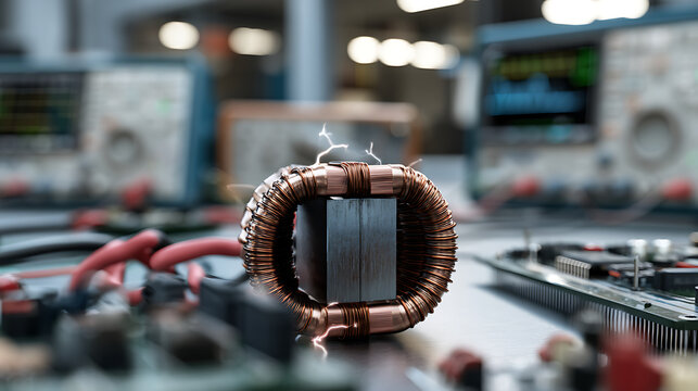 Copper wire coil on iron core for electromagnetic induction and electrical engineering