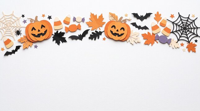 Spooky Halloween Top Border with Jack O' Lanterns and Spider Paper Cut Illustration on White Background