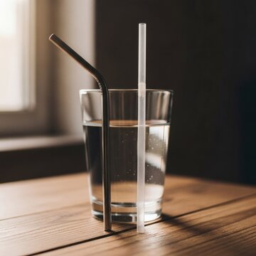 A glass of clean water compares reusable steel and disposable plastic straws on a wooden table