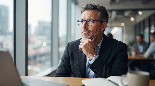 Close-up of a pensive executive man with a stubble beard and eyeglasses in a modern office.
