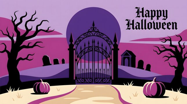 Spooky halloween graveyard gate with pumpkins and bare trees in a purple landscape