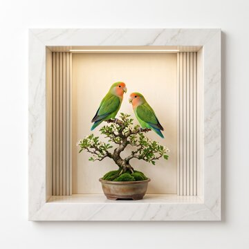 Two cute lovebird parrots perched on a small bonsai tree inside a decorative white square frame isolated on white background
