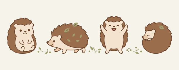 Obraz premium Cute Kawaii Hedgehog Character Set with Different Poses and Autumn Leaves Illustration