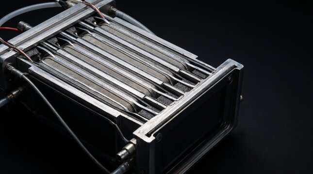 Advanced modular electrochemical cell stack designed for sustainable energy research and industrial applications, showcasing intricate metallic plates and cutting-edge technological innovation