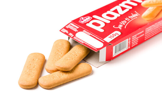 Antalya, Turkey - August 15, 2026: Open Bambi Plazma biscuit package with biscuits isolated on white background