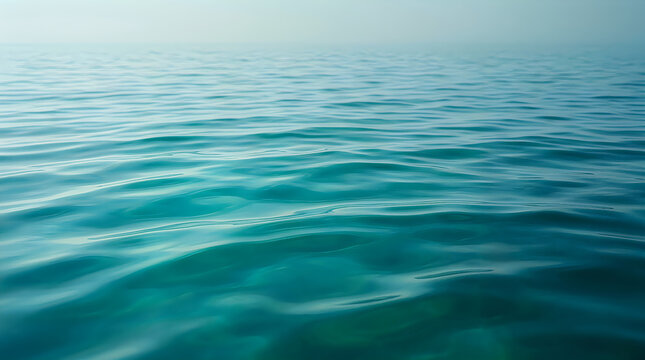 Serene turquoise ocean waves gently ripple under a hazy sky creating a peaceful and calming seascape for relaxation and contemplation