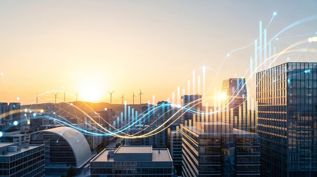 Futuristic cityscape with financial growth charts and graphs overlaying modern architecture at sunrise